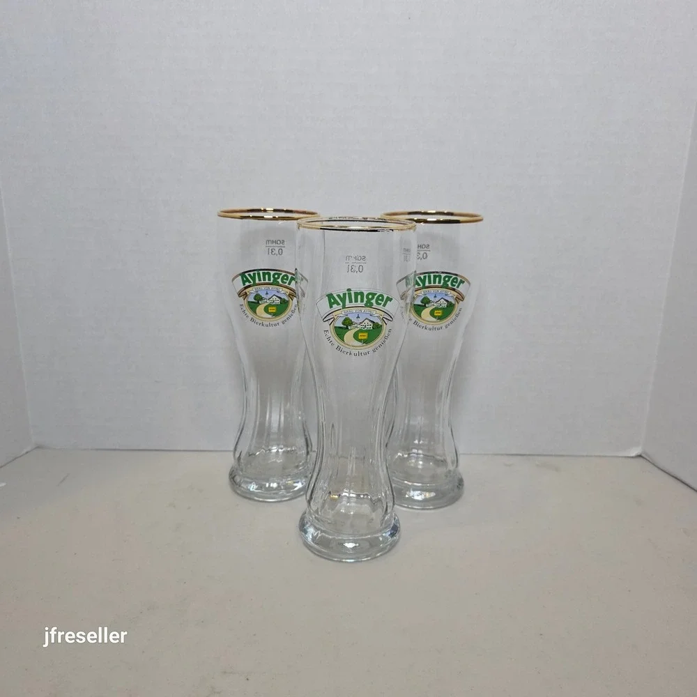 Ayinger Brau Von Aying Beer Glasses Set of 3 SAHM 0.3L Gold Rim German Barware